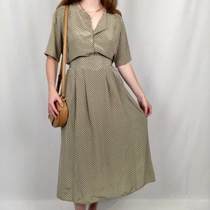 Vintage 100% Silk Sage Star Print Midi Skirt Button Up Shirt Matching Co-ord Set